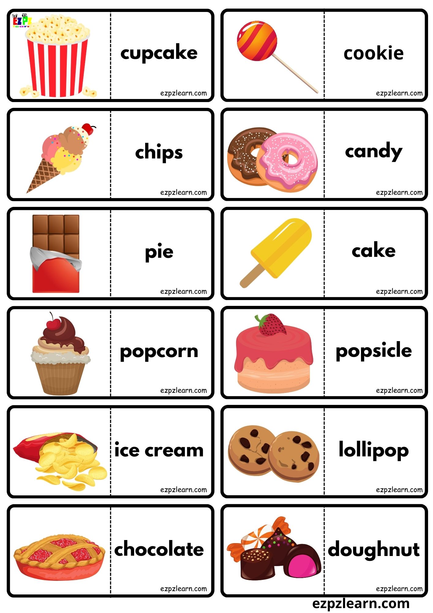 Snacks and Desserts Food Vocabulary Dominoes Matching Game for Kids and English Language Learners Free PDF Download 